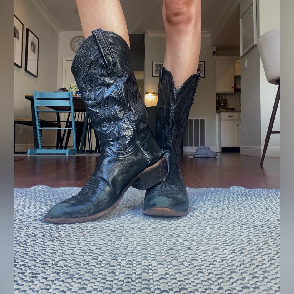 (SOLD) Vintage WIDE Lucchese Black Leather Mid-calf cowboy boots - Picture 2 of 9